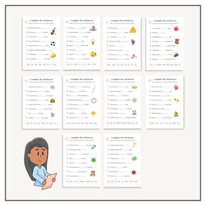 May include: A set of printable worksheets for kids to complete sentences. Each worksheet features a different theme, such as winter, music, and food. The worksheets are black and white with colorful illustrations.