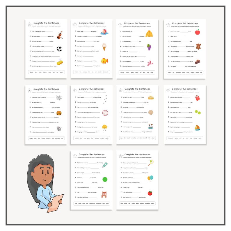 May include: A set of printable worksheets for kids to complete sentences. Each worksheet features a different theme, such as winter, music, and food. The worksheets are black and white with colorful illustrations.