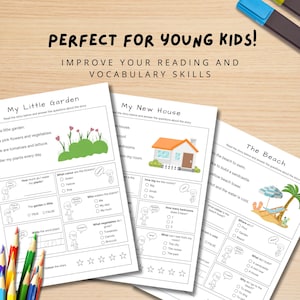 Puede incluir: Tres hojas de trabajo imprimibles en blanco y negro para ni&ntilde;os peque&ntilde;os. Cada hoja de trabajo presenta un tema diferente: un jard&iacute;n, una casa y una playa. Las hojas de trabajo incluyen preguntas y actividades para que los ni&ntilde;os completen.
