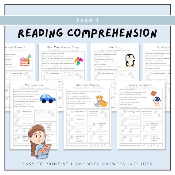 Year 1 Reading Comprehension Bundle, English Grade 1 Literacy Worksheets, Printable Teacher Resources, Kids Educational Reading Passages