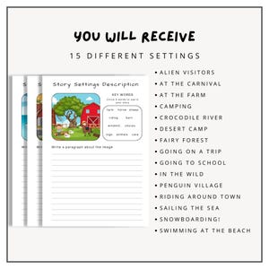 May include: A printable worksheet with a cartoon image of a farm scene. The worksheet is titled "Story Settings Description" and includes a list of key words to use in a story. The worksheet also includes a space to write a paragraph about the image. The worksheet is part of a set of 15 different settings.