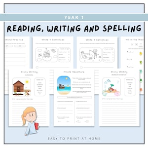 Reading Writing & Spelling Bundle, Year 1 Literacy Worksheets Pack, Printable Reading Comprehension, Elementary English Grammar Activity