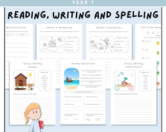Reading Writing & Spelling Bundle, Year 1 Literacy Worksheets Pack, Printable Reading Comprehension, Elementary English Grammar Activity