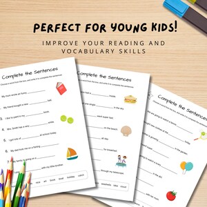 May include: Three printable worksheets for kids to complete sentences by choosing words from a word bank. The worksheets feature colorful illustrations of a book, a ball, a boat, a seashell, a cloud, a bike, a tomato, a tennis racket, and a trampoline.