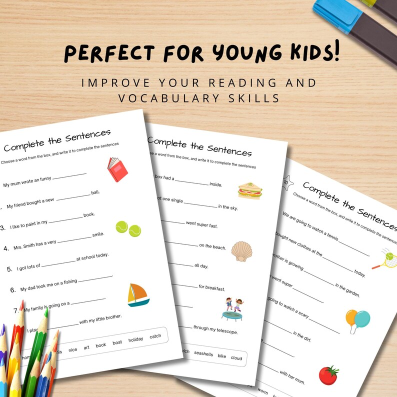 May include: Three printable worksheets for kids to complete sentences by choosing words from a word bank. The worksheets feature colorful illustrations of a book, a ball, a boat, a seashell, a cloud, a bike, a tomato, a tennis racket, and a trampoline.
