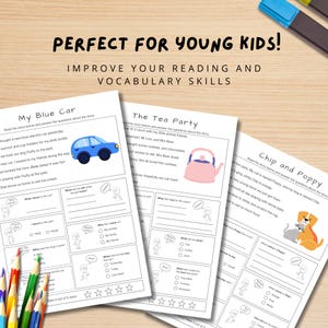 Peut inclure: Trois feuilles de travail imprimables pour les jeunes enfants avec une voiture bleue, une th&eacute;i&egrave;re rose et un chien brun et gris. Chaque feuille de travail comprend une courte histoire et des questions &agrave; choix multiples pour aider les enfants &agrave; am&eacute;liorer leurs comp&eacute;tences en lecture et en vocabulaire.