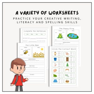 May include: A variety of worksheets for creative writing, literacy, and spelling skills. The worksheets include sentence completion, a story about a bee, and a word-matching exercise. A cartoon boy is in the lower left corner.