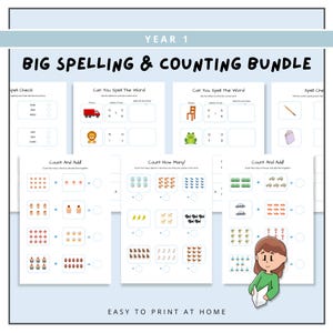 Op de afbeelding: Een bundel afdrukbare educatieve werkbladen voor leerlingen van groep 1. De werkbladen bevatten spelling-, tel- en opteloefeningen. De titel "BIG SPELLING & COUNTING BUNDLE" staat bovenaan. De zin "EASY TO PRINT AT HOME" staat onderaan.