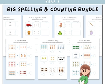 Year 1 Big Spelling and Counting Bundle, Printable Kids Worksheets, Grade 1 Sight Words, English and Maths Worksheets, Teacher Resources