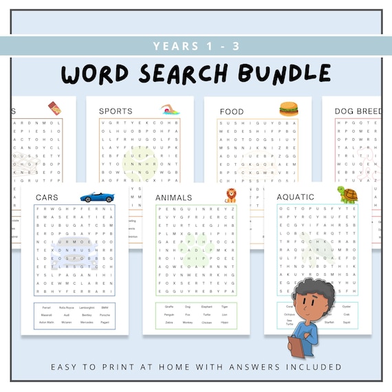 Kids Word Search Bundle, Printable Wordsearch Sheets, Printable Activity Bundle, Simple Kids Puzzles, Kids Activities, Elementary Worksheets