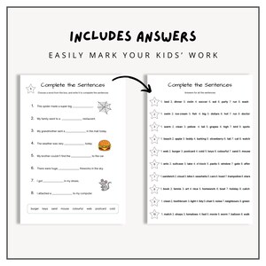 May include: A printable worksheet with two columns of sentences for kids to complete. The left column has a spider web, a restaurant, a mail icon, a hamburger, a car, fireworks, shoes, and a computer. The right column has a list of words to choose from to complete the sentences. The words are: bed, dinner, violin, soccer, eat, party, run, wash, swim, ice cream, fish, big, dollars, hot, nun, doctor, warm, clean, yellow, tall, grapes, high, bird, spots, beach, apple, teddy, barking, strawberry, tall, cat, watch, web, burger, postcard, cold, keys, colourful, sand, mouse, ants, suitcase, lake, o'clock, pasta, window, gate, after, sandwich, cloud, bike, seashells, cars, toast, trampoline, stars, book, tennis, art, nice, homework, boat, holiday, catch, clean, toothbrush, light, tidy, chair, noise, neighbours, green, match, shops, tomatoes, fast, movie, worm, balloon, walk.