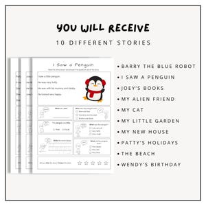 Puede incluir: Un conjunto de 10 libros de cuentos imprimibles para ni&ntilde;os con un ping&uuml;ino, un robot azul, un gato, un jard&iacute;n, una casa, una playa y m&aacute;s. Cada libro incluye una historia corta, preguntas y actividades.