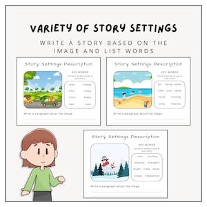 May include: A printable worksheet with three story settings descriptions. Each setting has an illustration and a list of key words to use in a story. The settings include a road with hills, a beach with a clear blue ocean, and a snowy mountain scene with trees.