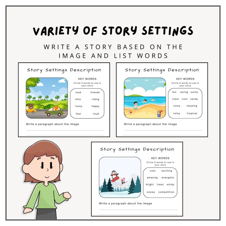 May include: A printable worksheet with three story settings descriptions. Each setting has an illustration and a list of key words to use in a story. The settings include a road with hills, a beach with a clear blue ocean, and a snowy mountain scene with trees.