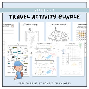 Kids Travel Activity Bundle, Travel Printables, Family Travel, Kids Travel Games, Road Trip Puzzles, Fun Holiday Activities, Airplane Pack