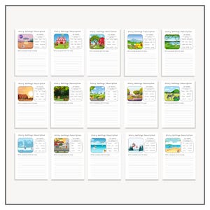 May include: A printable worksheet with 20 different story settings. Each setting is illustrated with a colorful cartoon image. The worksheet includes space for students to write key words and a paragraph describing the setting.