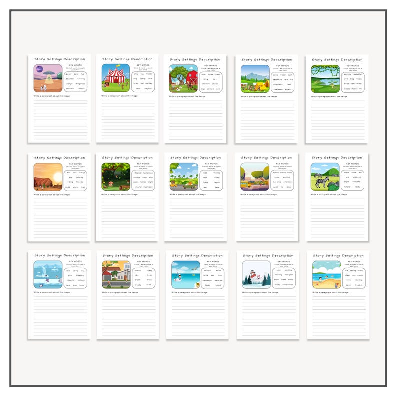 May include: A printable worksheet with 20 different story settings. Each setting is illustrated with a colorful cartoon image. The worksheet includes space for students to write key words and a paragraph describing the setting.
