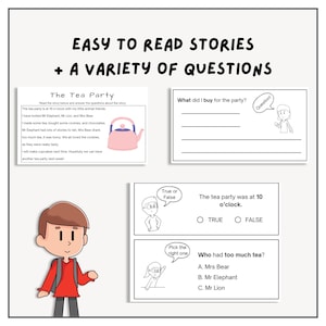 Peut inclure: Une feuille de travail imprimable avec une illustration de th&eacute;i&egrave;re de dessin anim&eacute; et du texte qui dit "The Tea Party". La feuille de travail comprend des questions sur l'histoire, telles que "What did I buy for the party?" et "Who had too much tea?"