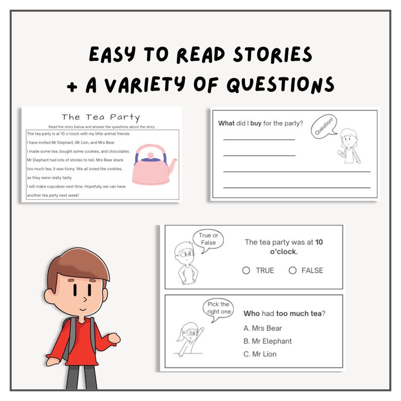 Peut inclure: Une feuille de travail imprimable avec une illustration de th&eacute;i&egrave;re de dessin anim&eacute; et du texte qui dit "The Tea Party". La feuille de travail comprend des questions sur l'histoire, telles que "What did I buy for the party?" et "Who had too much tea?"