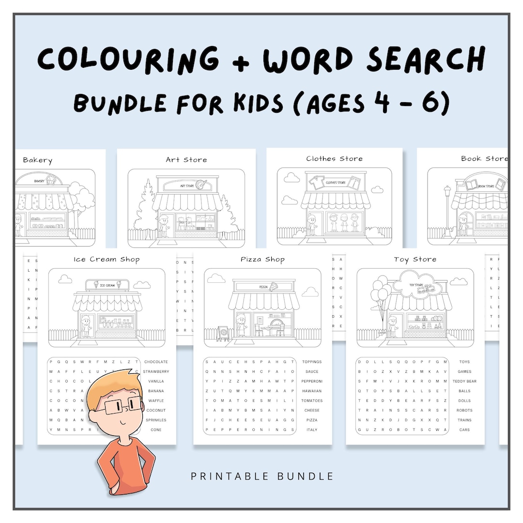 Kids Colouring &amp; Word Search Bundle, Printable Kids Word Search, Kids ...