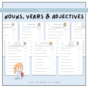 Year 1 Find the Nouns, Verbs & Adjective Worksheets, Parts of Speech Practice Sheets, English Grammar Activity, Elementary Resources