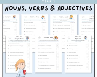 Year 1 Find the Nouns, Verbs & Adjective Worksheets, Parts of Speech Practice Sheets, English Grammar Activity, Elementary Resources