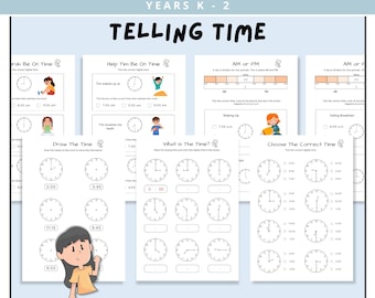 Telling Time Worksheet, Learn to Tell Time, Kindergarten and 1st Grade, Easy Printable Kids Activities, Learning Maths, Teacher Resources