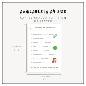 May include: A printable worksheet for kids to complete sentences by choosing words from a box. The words include: chair, green, noise, tidy, neighbours, toothbrush, light, clean. The worksheet is 11.7 inches by 8.3 inches and is available in A4 size.