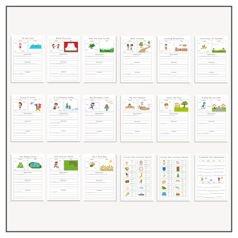 May include: A collection of educational flashcards with colorful illustrations and text. Each card features a different scene or activity, such as "At the Pool," "Best Friends," and "My Birthday Cake." The cards are designed for learning and language development.