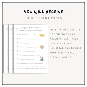 May include: A printable worksheet with a title "Complete the Sentences". The worksheet has eight sentences with blanks to be filled in with words from a word bank. The word bank includes words like "cars", "stars", "toast", "trampoline", "sandwich", "seashells", "bike", and "cloud".