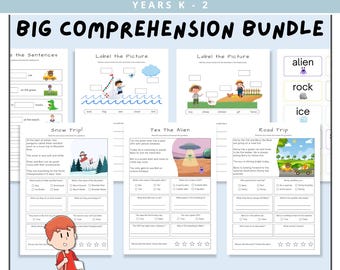 Kindergarten / Year 1 Big Comprehension Bundle, Literacy Worksheet Bundle, Grades K - 2 Educational Reading Pack, Printable Teacher Passages