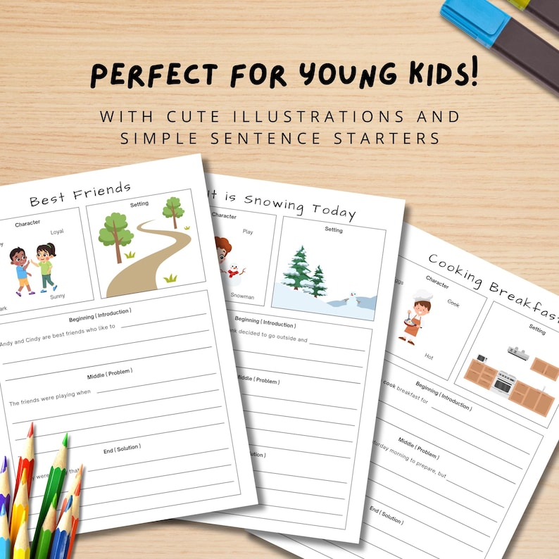 May include: Three white worksheets with illustrations and sentence starters for young kids. The worksheets are titled "Best Friends", "It is Snowing Today", and "Cooking Breakfast". Colored pencils and a blue highlighter are in the background.