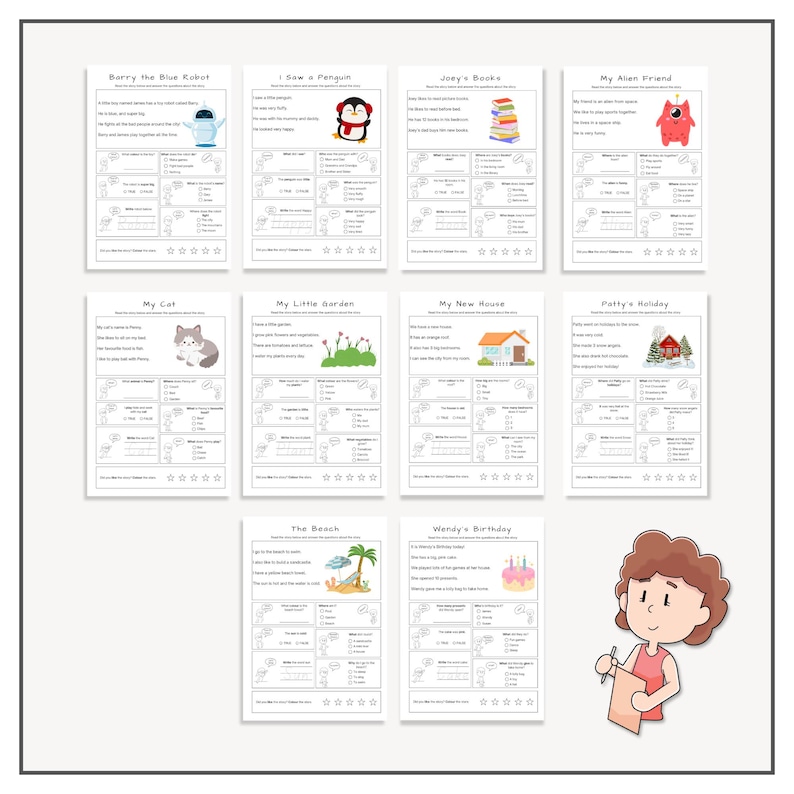 Puede incluir: Un conjunto de 10 hojas de trabajo imprimibles para ni&ntilde;os con varios temas, que incluyen un robot azul, un ping&uuml;ino, libros, un extraterrestre, un gato, un jard&iacute;n, una casa, unas vacaciones, una playa y un pastel de cumplea&ntilde;os. Cada hoja de trabajo incluye una historia corta y preguntas de opci&oacute;n m&uacute;ltiple.