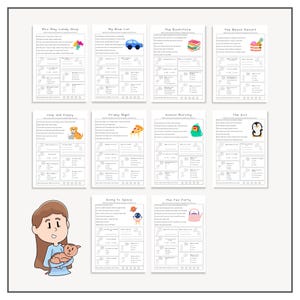 Peut inclure: Un ensemble de feuilles de travail imprimables pour enfants sur divers th&egrave;mes comme une confiserie, une voiture bleue, une librairie, un complexe baln&eacute;aire, un chien et un chat, une pizza, un sac &agrave; dos scolaire, un zoo, une navette spatiale et une th&eacute;i&egrave;re. Chaque feuille de travail comprend une courte histoire et des questions &agrave; choix multiples.
