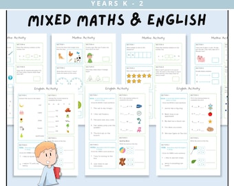 Mixed Maths & English Worksheets, Year 1 Curriculum, Grammar Pack, Addition and Subtraction, Reading Practice, Homeschool Activities