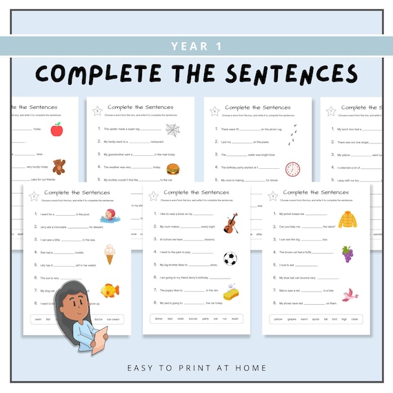 Year 1 Complete the Sentences Bundle, Grade 1 Literacy Worksheets, Printable Teacher Resources, Kids Educational Learning, Writing Practice