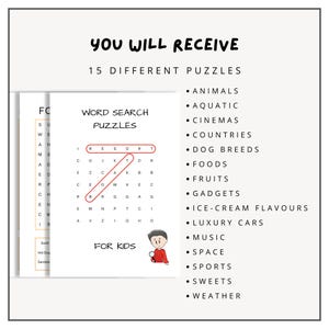 K&ouml;nnte beinhalten: Eine bunte Illustration eines Jungen mit einer Lupe, der ein Suchwort-Puzzle betrachtet. Das Puzzle ist mit "Suchwort-R&auml;tsel f&uuml;r Kinder" beschriftet. Das Bild listet auch 15 verschiedene Suchwort-R&auml;tsel-Themen auf, darunter Tiere, Wasserlebewesen und L&auml;nder.