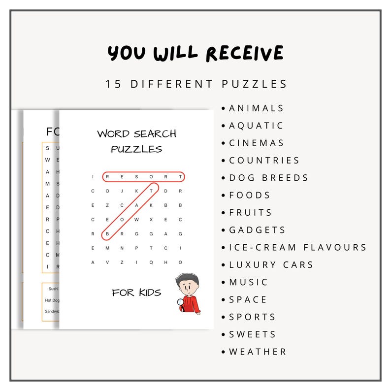 K&ouml;nnte beinhalten: Eine bunte Illustration eines Jungen mit einer Lupe, der ein Suchwort-Puzzle betrachtet. Das Puzzle ist mit "Suchwort-R&auml;tsel f&uuml;r Kinder" beschriftet. Das Bild listet auch 15 verschiedene Suchwort-R&auml;tsel-Themen auf, darunter Tiere, Wasserlebewesen und L&auml;nder.