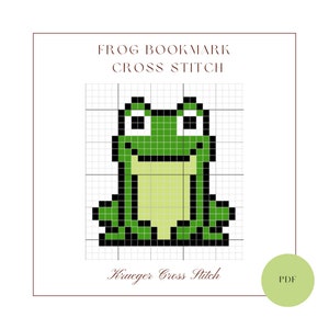 May include: A green frog cross stitch pattern for a bookmark. The pattern is on a white grid with black lines. The text "Frog Bookmark Cross Stitch" is at the top of the image. The text "Krueger Cross Stitch" is at the bottom of the image. The text "PDF" is on a green circle at the bottom right of the image.