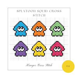 Könnte beinhalten: Ein Kreuzstichmuster mit sechs bunten Tintenfisch-Designs aus dem Videospiel Splatoon. Das Muster trägt den Titel "Splatoon Squid Cross Stitch" und enthält die Texte "Krueger Cross Stitch" und "PDF".