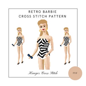 May include: Cross stitch pattern for a retro Barbie doll wearing a black and white striped swimsuit. The pattern is available as a PDF download. The text "Krueger Cross Stitch" is at the bottom of the image.