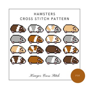 Könnte beinhalten: Kreuzstichmuster für Hamster. Das Muster zeigt 12 verschiedene Hamsterdesigns in verschiedenen Farben, darunter Braun, Weiß, Grau und Orange. Das Muster trägt den Titel "Hamsters Cross Stitch Pattern" und enthält den Text "Krueger Cross Stitch" und "PDF".