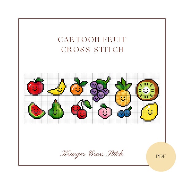 Cartoon Fruit Cross Stitch Pattern PDF | Easy Beginner Cross Stitch | Apple, Banana, Watermelon, Pineapple, Orange, Grapes, Peach, Cherries