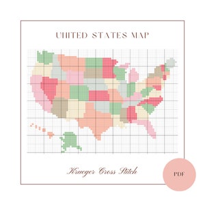 USA Karte Kreuzstich Muster PDF Download | Einfache Kreuzstich US Landkarte | 50 Staaten Einfache Anfänger Kreuzstich-Stickerei