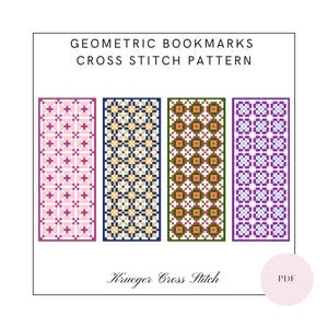 May include: Geometric bookmarks cross stitch pattern. The image displays four rectangular designs with cross-stitch patterns in pink, blue, green, and purple. The text "GEOMETRIC BOOKMARKS CROSS STITCH PATTERN" is at the top. The text "Krueger Cross Stitch" is at the bottom.