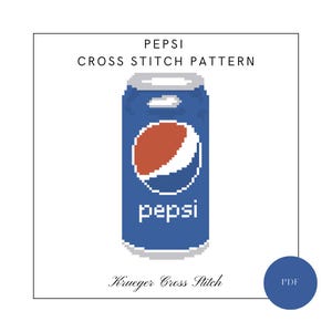 Puede incluir: Un patrón de punto de cruz con un diseño pixelado de una lata de Pepsi. La lata es azul con el logotipo de Pepsi en blanco y un diseño circular rojo y blanco. El texto en la parte superior dice "PEPSI CROSS STITCH PATTERN".