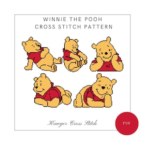 May include: A cross stitch pattern featuring Winnie the Pooh in various poses. The image includes the text "WINNIE THE POOH CROSS STITCH PATTERN" and "Krueger Cross Stitch". A red circle with "PDF" is in the bottom right corner.