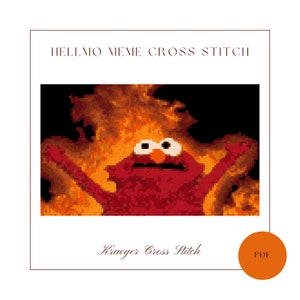 Könnte beinhalten: Kreuzstich-Muster mit einer roten Sesamstraße-Figur, die von Flammen verschlungen wird, mit dem Text "HELLMO MEME CROSS STITCH" und "Krueger Cross Stitch" oben und unten im Bild. Das Bild enthält auch einen runden orangen Knopf mit dem Text "PDF" darauf.