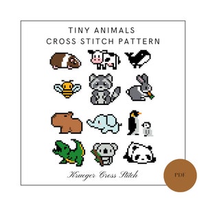 May include: A cross stitch pattern featuring 12 tiny animals, including a bee, a raccoon, a rabbit, a capybara, an elephant, a penguin, a crocodile, a koala, and a panda. The pattern is titled "Tiny Animals Cross Stitch Pattern" and includes the word "PDF".
