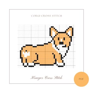 Può includere: Un modello a punto croce di un cane corgi nei toni dell'arancione, bianco e nero, su uno sfondo a griglia. Il testo "CORGI CROSS STITCH" e "Krueger Cross Stitch" sono visualizzati sopra e sotto l'immagine, con un'icona "PDF".